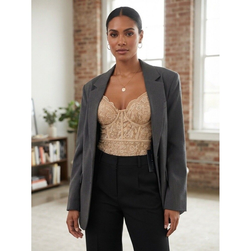 NWT Faded Rose Women's Beige Tan Floral Lace Bustier Bodysuit Thong Size Large